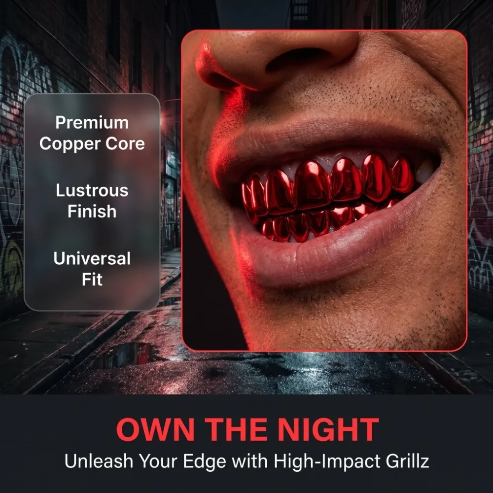 1Pcs/Set Glossy Finish Red Mirror Hip Hop Grillz Set Eco-friendly Copper Shiny 8 Teeth Top Bottom Grills Punk Halloween Jewelry