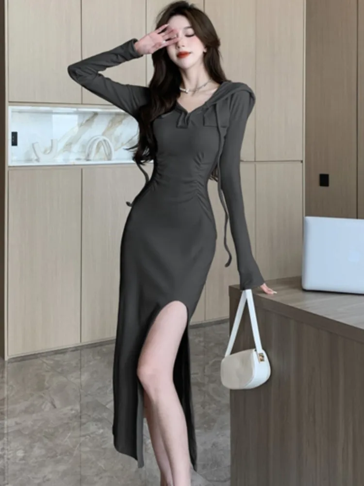 Autumn Fashion Solid Hooded Party Dresses for Women Elegant Birthday Evening Dress Female Sweatshirt Slit Midi Vestidos Mujer