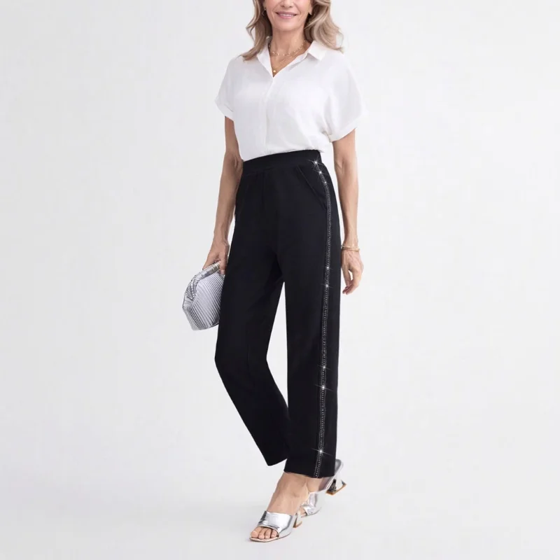 

Women's Casual Straight Pants Versatile Temperament Hot Diamond Side Strip Trousers