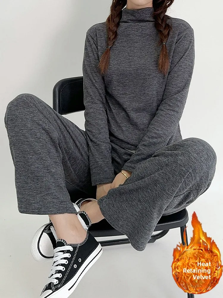 

Thiened High Collar Home Clothes Set Women's Winter Loose Spwear Casual plus Size Color Fce Lined Two Piece Set