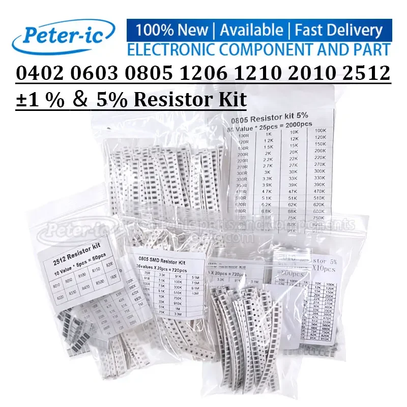 (50-4000Pcs) Set of Resistors 0603 0805 1206 1210 0402 2010 2512 SMD Resistor Assorted Kit 0R-1M Sample pack 10R 100R 1K 10K Ohm