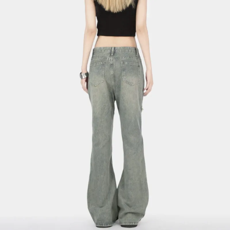 ANJY خريف جديد إمرأة الأمريكية الرجعية Bootcut الجينز شيك الدانتيل متابعة المتوترة حافة شارع العليا Y2K أنيق Ins عادية الدينيم السراويل A8891