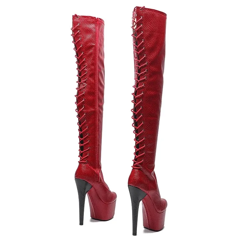 LAIJIANJINXIA New Red PU Upper 17CM/7Inches Women's Platform Party High Heels Long Boots Pole Dance shoes 009