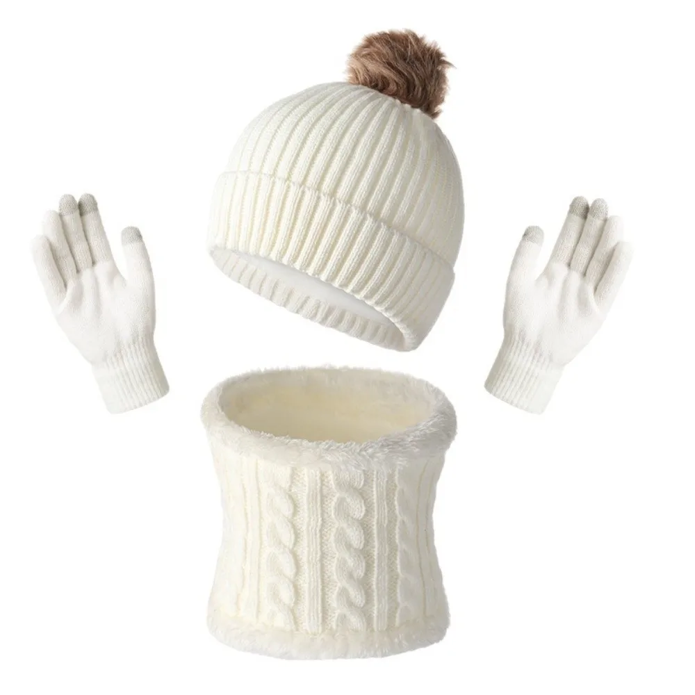 Thickened Hat Scarf Gloves Set Beanie Hat Thermal Pompom Beanies Hat Breathable Cold-Proof Winter Knitted Gloves Set