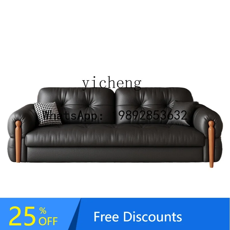 First layer cowhide solid wood sofa bed folding dual-purpose small apartment Internet celebrity multi-function