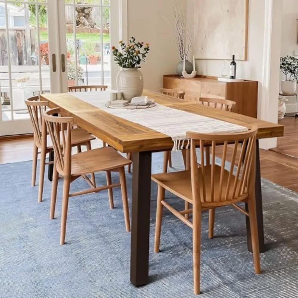 6 Person Acacia Wood Dining Table for Kitchen,Natural | Farmhouse Kitchen Table for 6 for Indoor Outdoor Mesa De Comedor