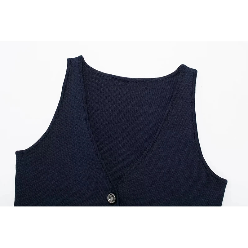 YUEYANG Women Fashion Chic Navy Blue Plain Knit Short Vests Female Buttons V-Neck Sleeveless Sweaters Ladies Knitwear