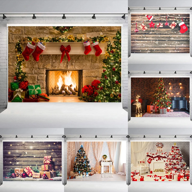 Xmas Fireplace Backdrop Christmas Tree Photography Background Party Banner Home Decoration, 125x80cm