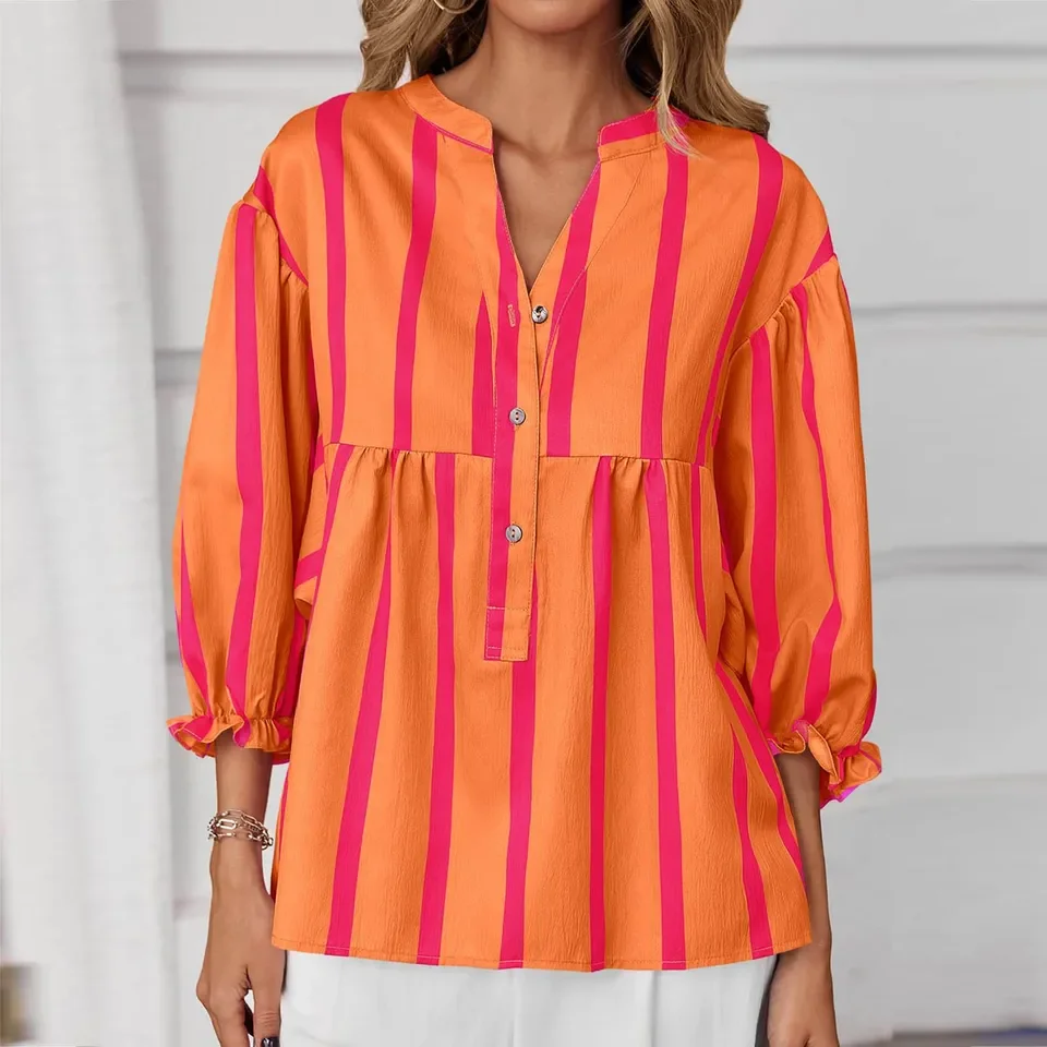 قميص مطبوع مخطط فضفاض، أزرار على شكل حرف V، أكمام سبعة أرباع مقسمة ​ ​ قميص ربيع الخريف التنقل الملابس النسائية