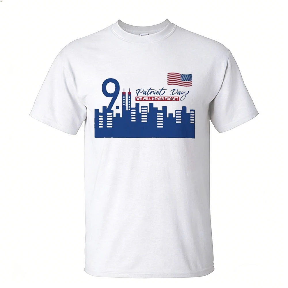 Patriot Day We Will Never Forget 9.11 City Skyline Mini Flag Graphic Print Men Cotton T Shirt Memorial Casual Street Tees Tops