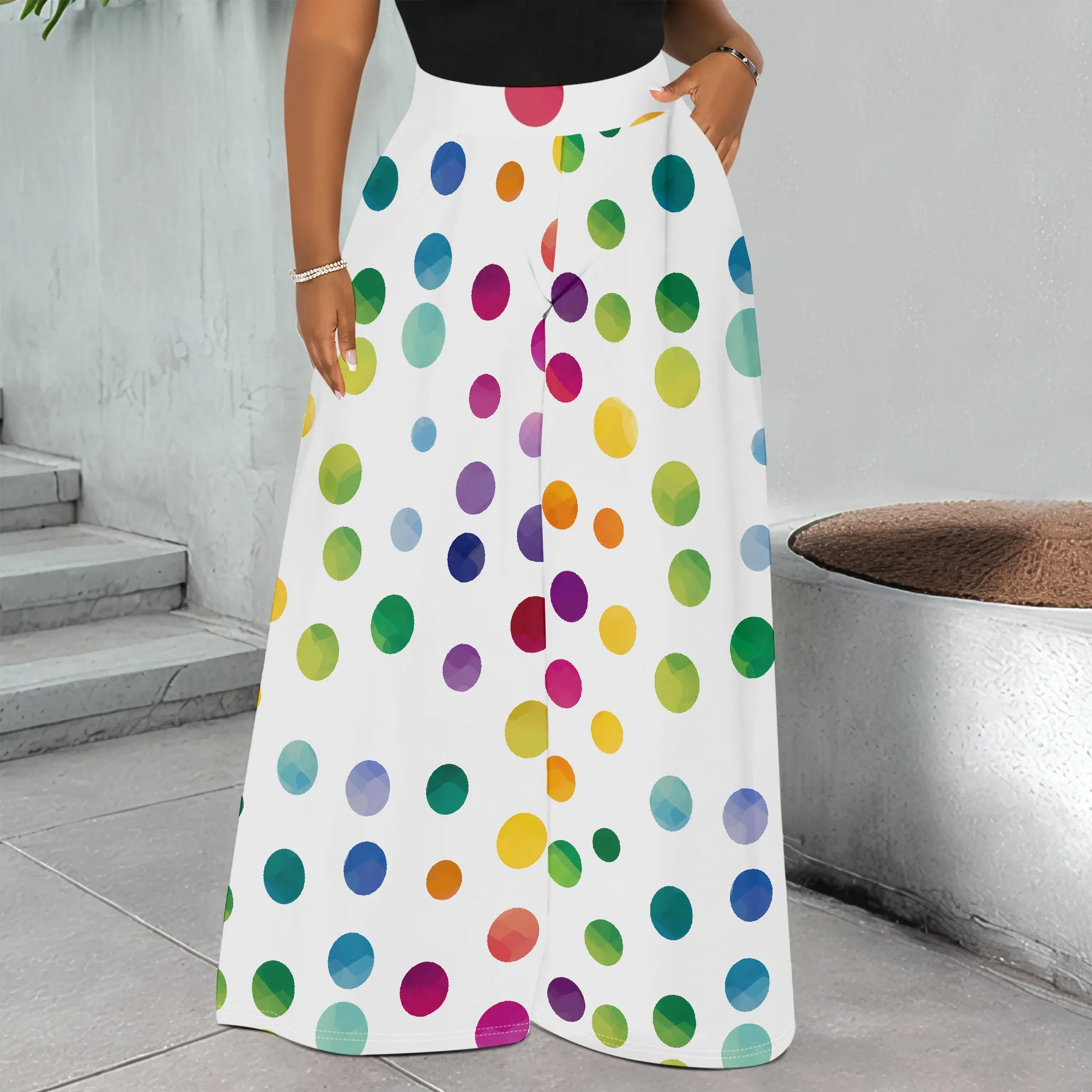 

Colorful Polka Dot Print Wide Leg Pants, Rainbow Spots Trousers, Casual Loose Fit Bottoms for Women, Summer Beach Style, S-3XL