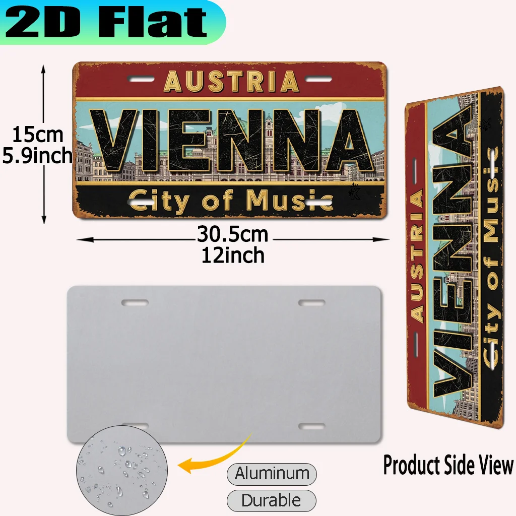 2D Flat, [2D Flat] 2D Flat Print, 1pc, Vintage Vienna City Aluminum License Plate Urban Vintage Style, Gift for Travel Enthusias
