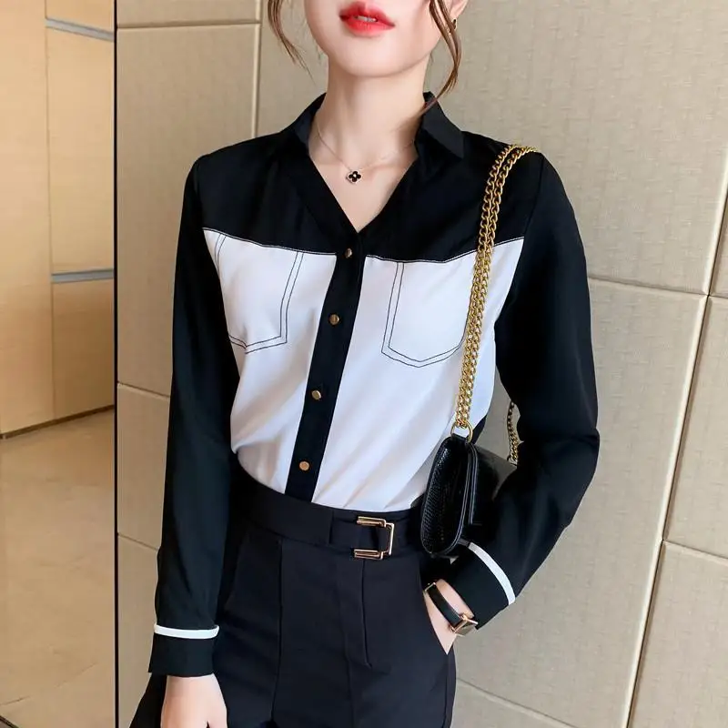 Chiffon Long Sleeved Shirt Women\'s Spring Outfit New Style Temperament Top Early Spring Style Light Mature Black White Shirts