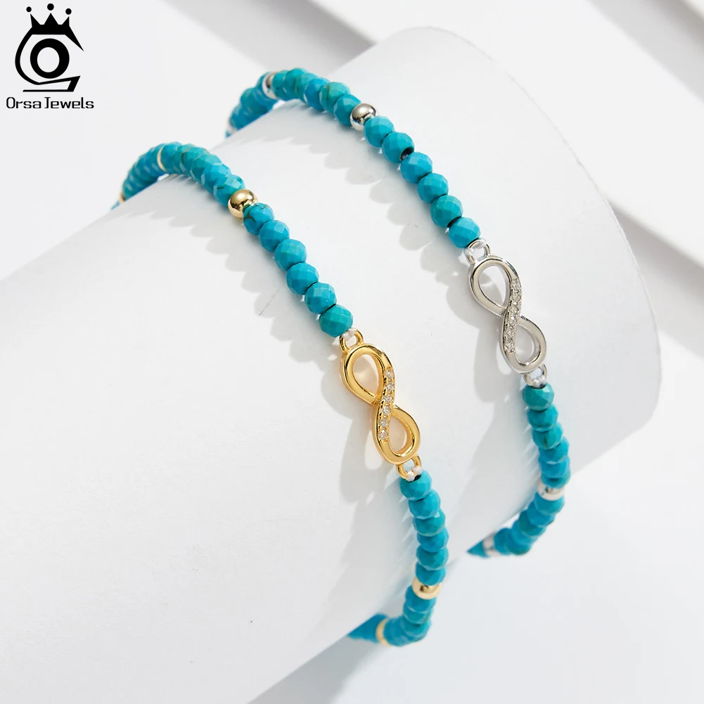 ORSA JEWELS Genuine 925 Sterling Silver Infinity 4A CZ Anklet for Women 3mm Turquoise Beads Chain Anklets Summer Jewelry SA87