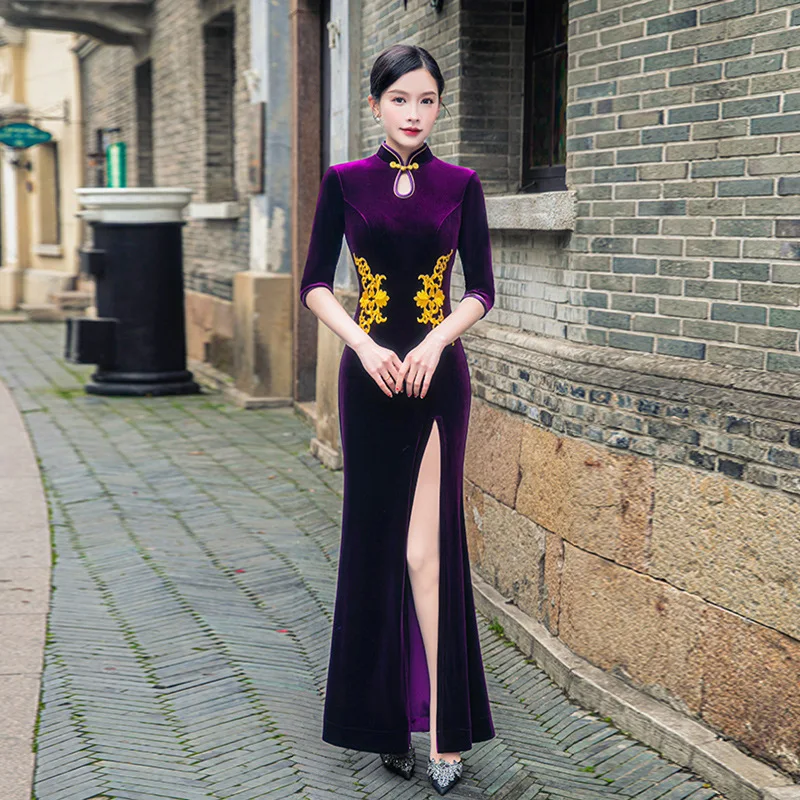 Traditionele Chinese Lange Qipao Elegante Klassieke Mandarijn Kraag Met Halve Mouw Cheongsam Sexy Zeemeermin Split Avondfeest Jurk 5xl