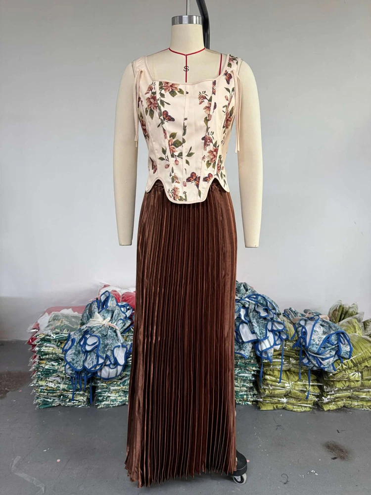 Damen-Kleider-Sets, Blumendruck, Korsett-Oberteil, hohe Taille, plissiert, lange Maxiröcke, Anzug, 2025, Party, Abend, 2-teiliges Set, Outfit – Detail 11
