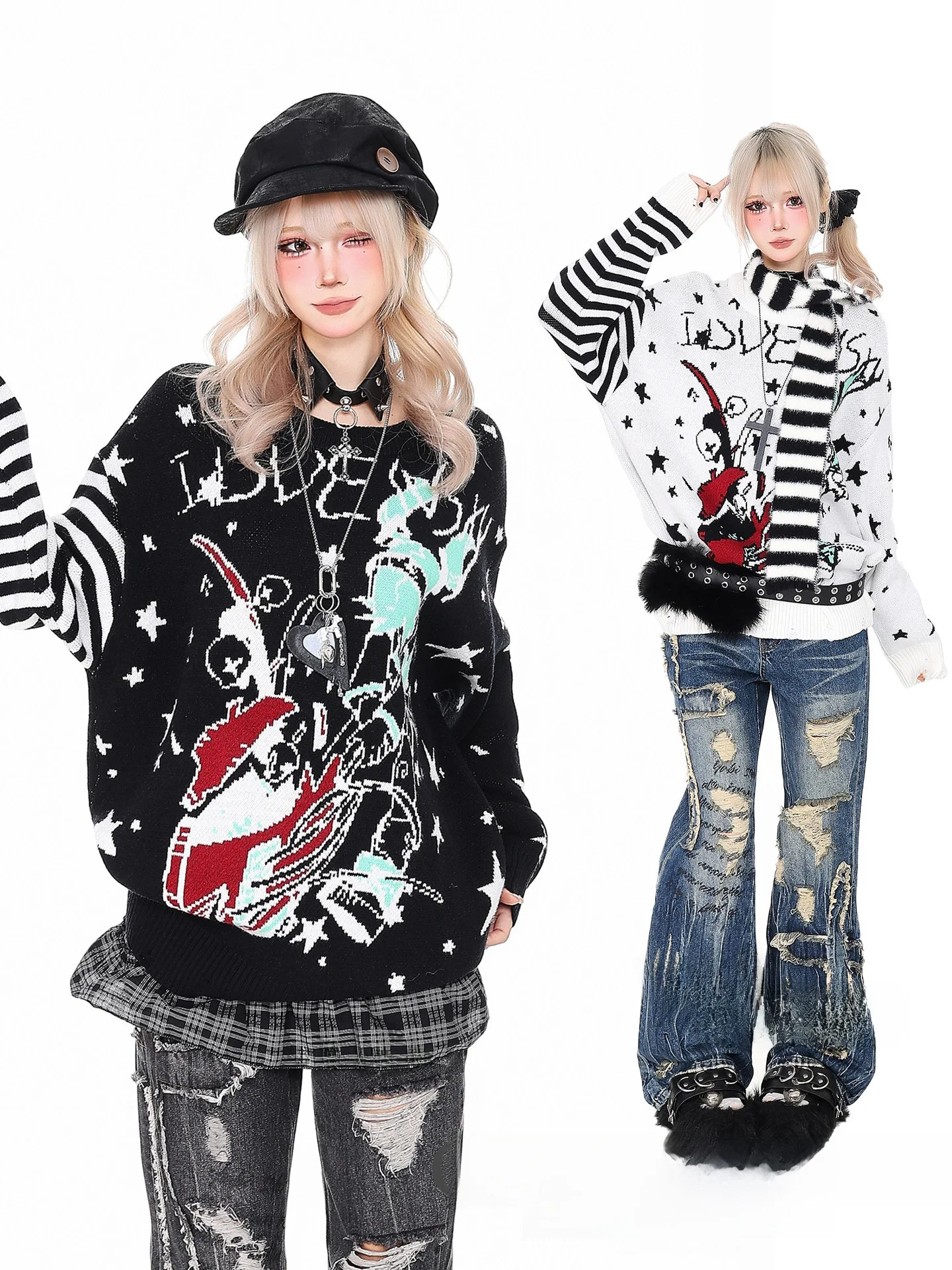 

Orange Marmalade YO Subculture Anime Cartoon Pattern Women's Loose Knitted Sweater Autumn Winter Slimming Lazy Sle Knitwear