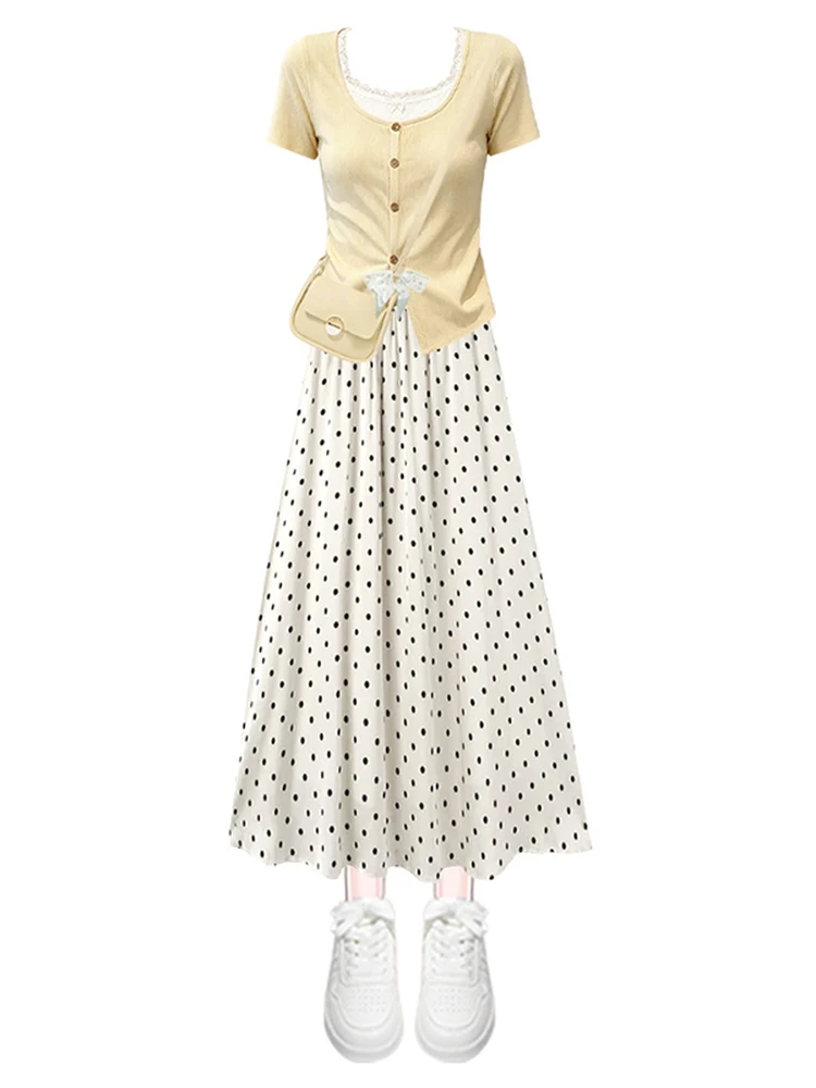 Ladies Style Yellow Polka Dot Half Skirt And Short Sleeve Top Two Piece Set Fashionable Age Reducing Small Size Ensemble