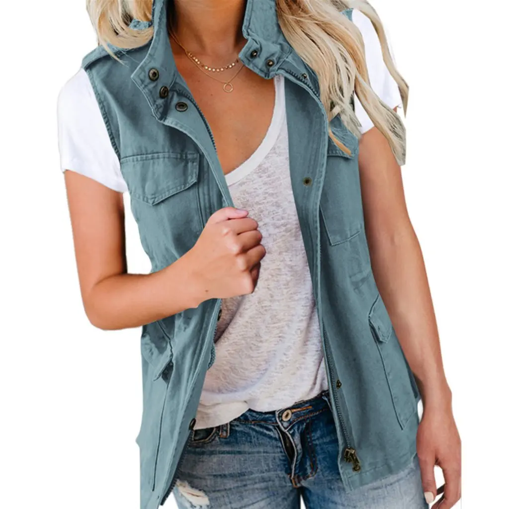 

Women's Fashion Sleeveless Vest Trendy Solid Color Drawstring Workwear Zipper Jacket European American Style Lapel Pocket