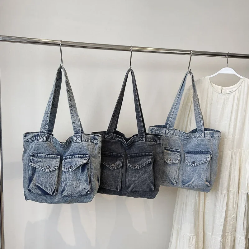 Denim Solid Colors Ladies Tote Bags on Sale 2024 Wysokiej jakości torby na ramię dla kobiet Nici do szycia Wewnętrzna kieszeń na zamek błyskawiczny