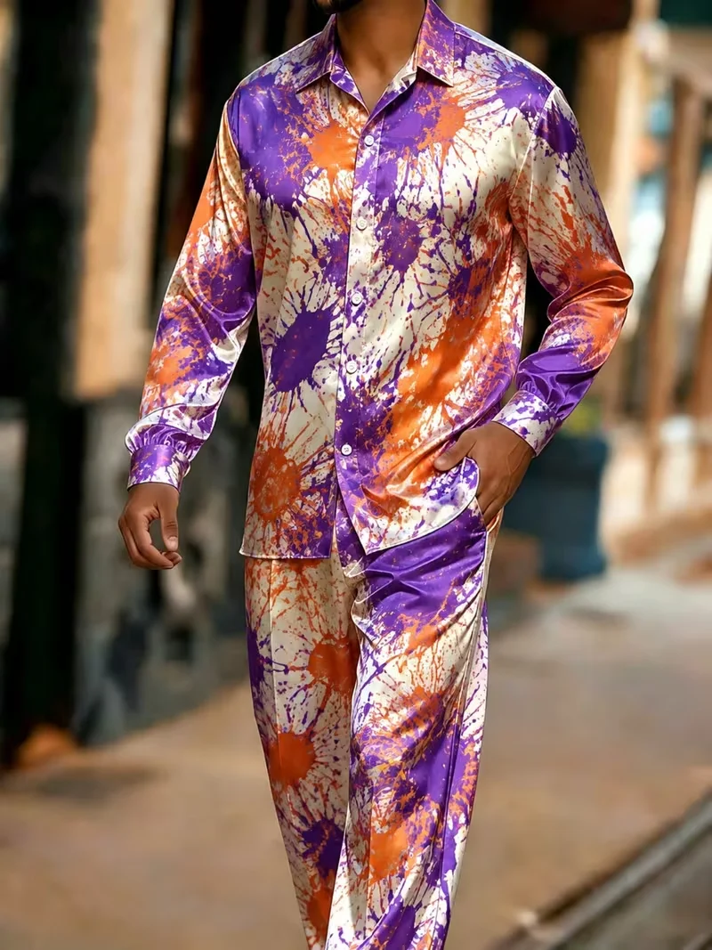 New Silver Grey Dark Rose Skull Printed Long Sleeve Set High Street Trendy Cool Men's Shirt Long Pants Two Piece Set view 4