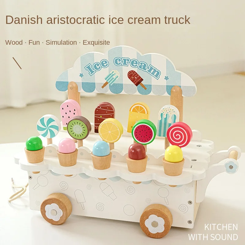 

LazyChild Kids Wooden Ice Cream Selling Cart Baby Simulation Popsicle Danish Noble Ice Cream Cart Educational Pretend Play Toy