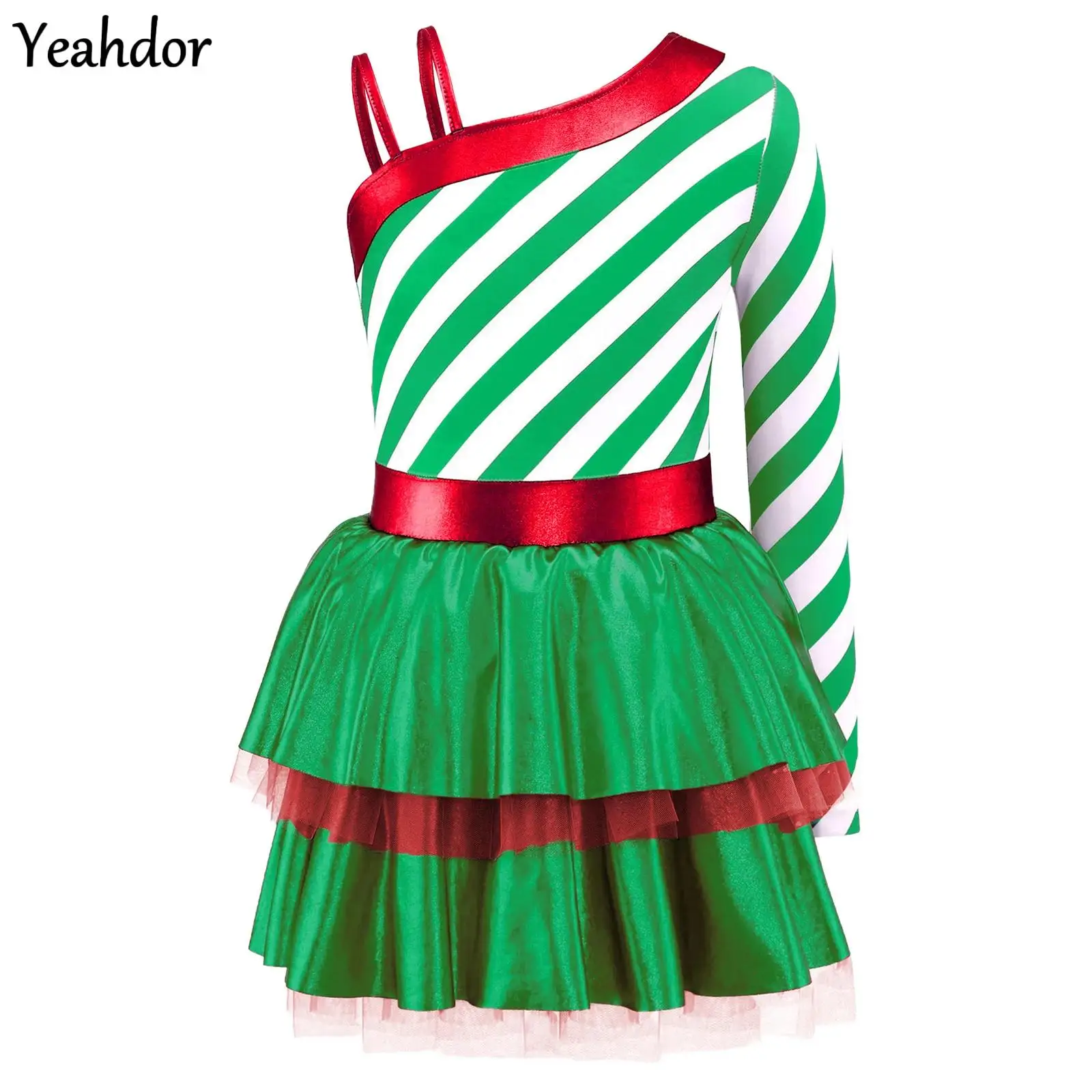

Girls Christmas Candy Cane Striped Dress Santa Claus Costume Dress Layered Ruffle Ballet Tutu Leotard Dress New Year Party Wear