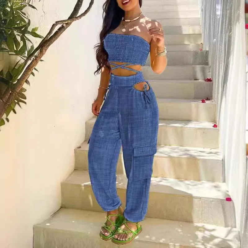 2024 Women's Dress Strapless Strapless Midriff Lace-up Cargo Pants Pocket Denim Blue Waist Pants Set Two-piece Women's Dress