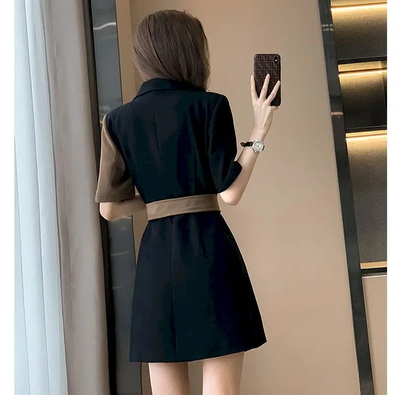 Summer Fashion Short Sleeve Blazer Dresses Women 2024 New French Suit Dress Womens Niche Design Mini Skirts Splicing Belt Dress