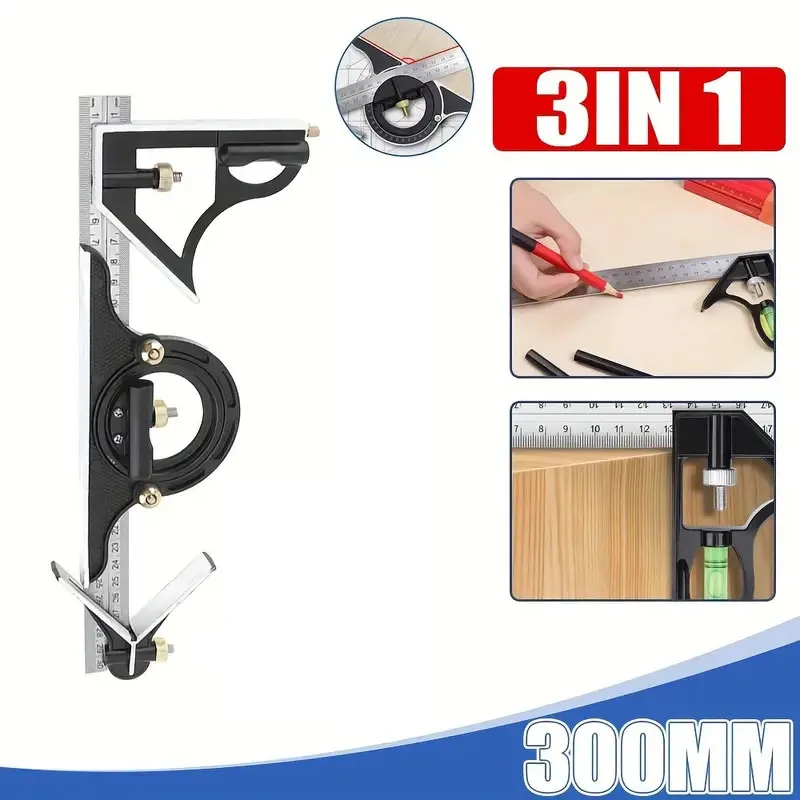Régua Angular Quadrada com Nível de Bolha Combinação Ajustável Calibre Multifuncional Ferramenta de Medição 45 90 Graus 300 mm