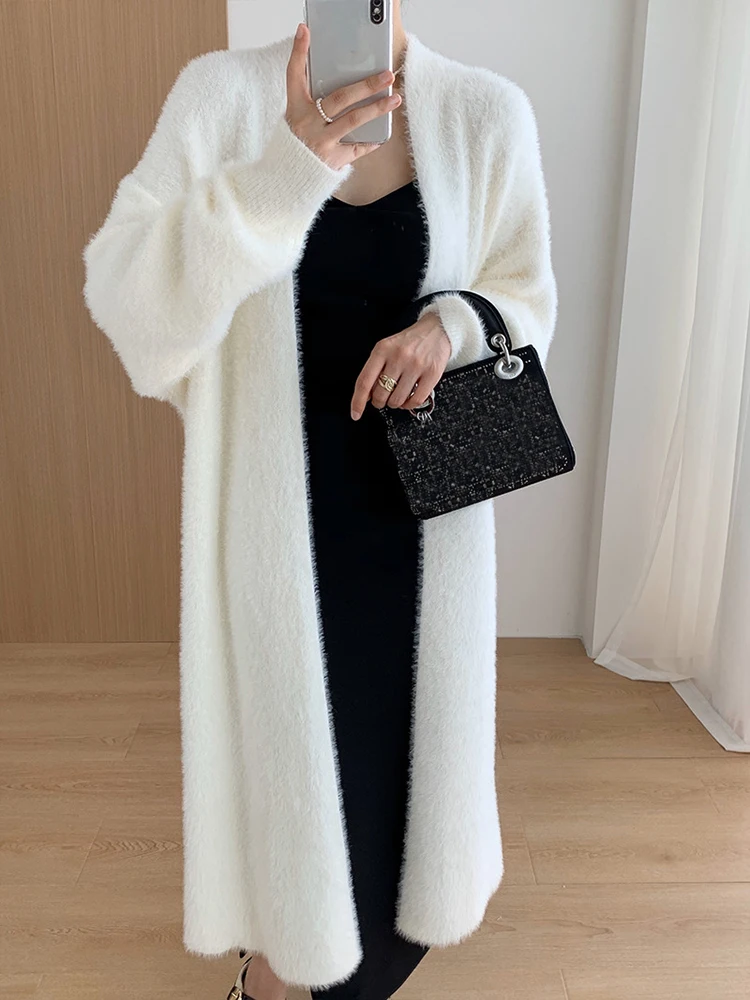 Korean Faux Mink Fur Vintage White Cardigan Winter Women Knitted Fluffy Sleeve Sweater Cashmere Mohair Warm Fashion Long Coat