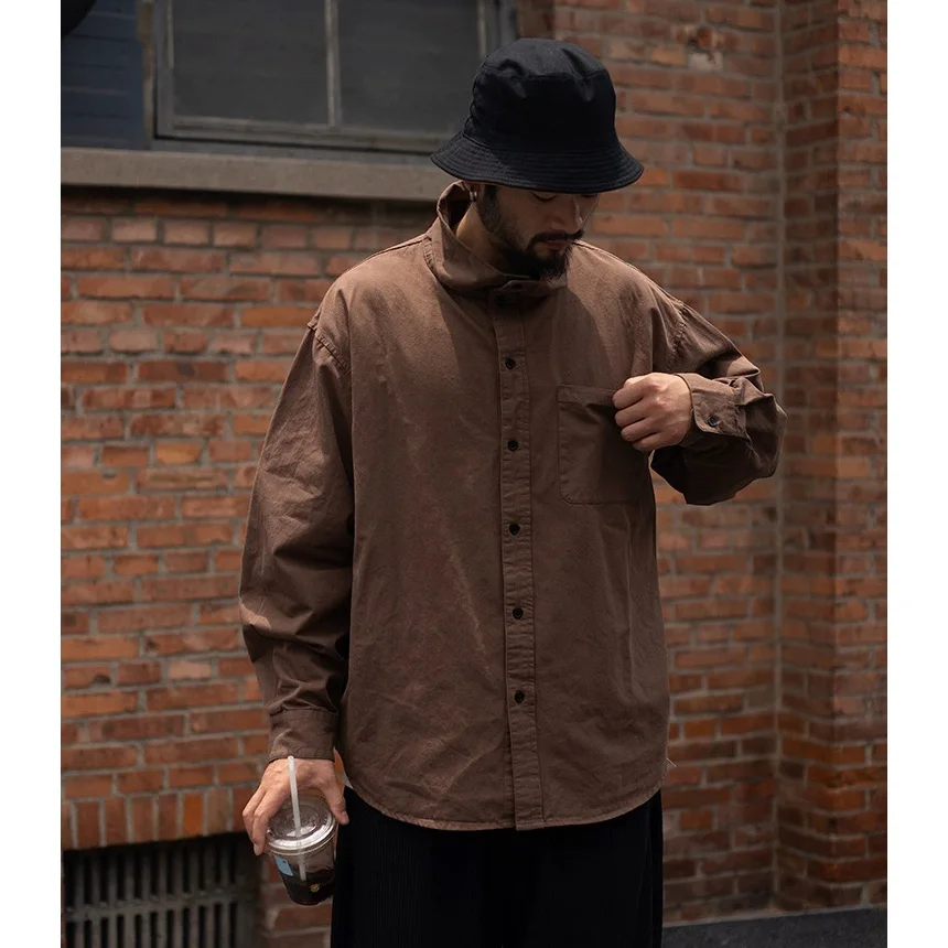 Men Japanese Korean Streetwear Fashion Stand Collar Loose Casual Long Sleeve Oversize Cargo Shirts Unisex Brand Shirt Blouses