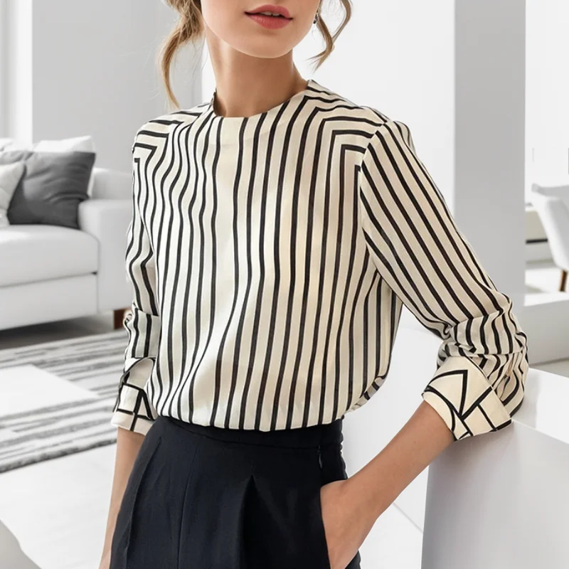 Autumn French Shirt Women Top Casual Fashion Stripe O-Neck Long Sleeve Blouse Office Lady Tops Vintage Loose Clothes Blusa