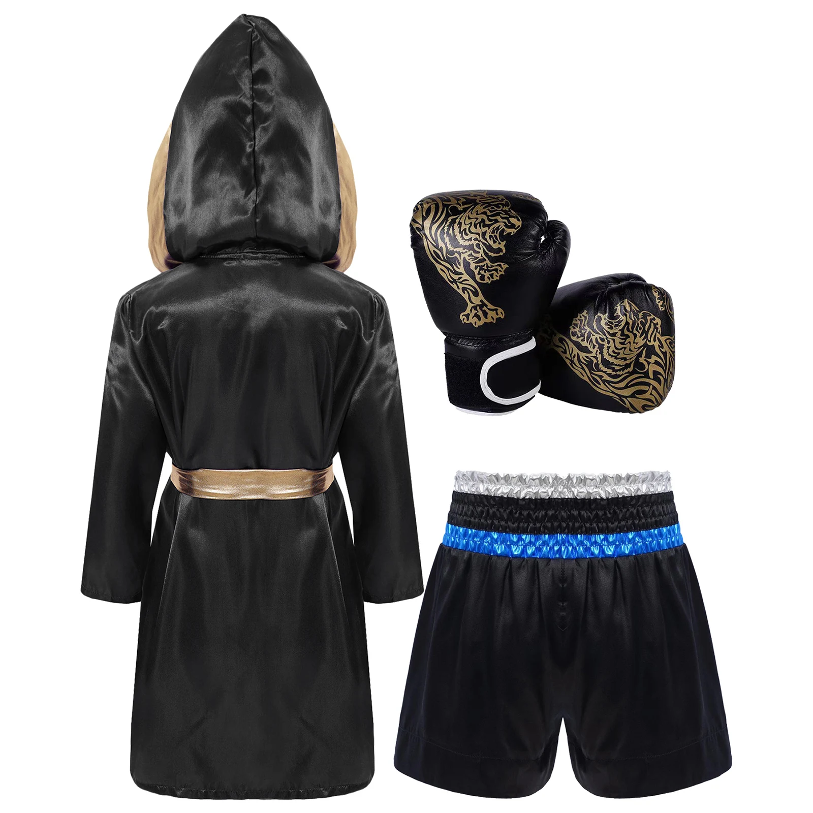 Children Boys Girls Boxing Robe Set Halloween Carnival Boxer Cosplay Costume Long Sleeve Satin Hooded Cloak with Belt Shorts