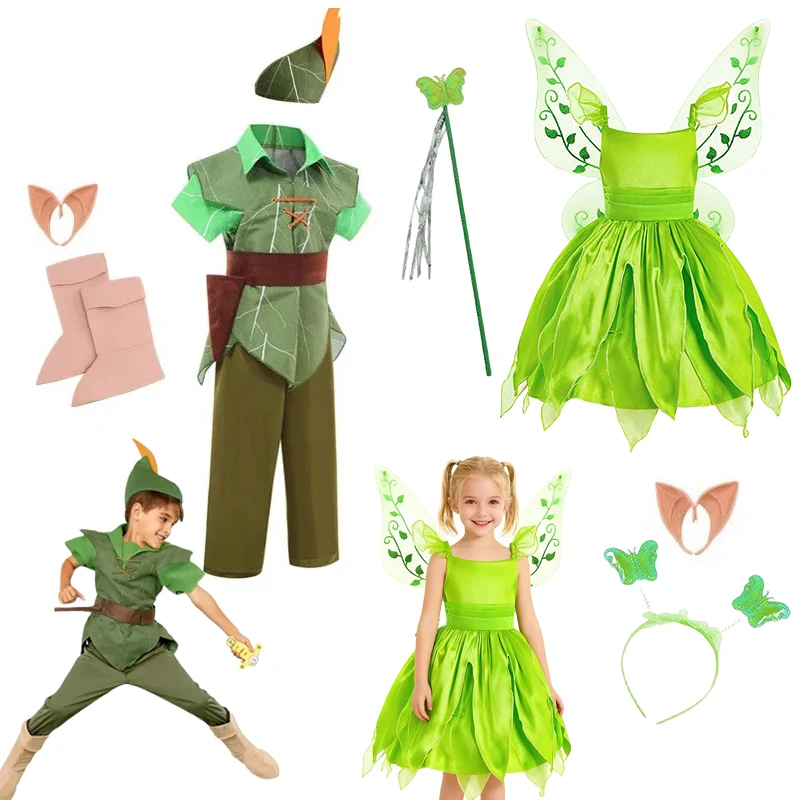 Nuevo Disfraz de Peter Pan para Niños, Traje de Peter Pan para Cosplay, Ropa Verde para Halloween, Carnaval, Fiesta, Conjunto de Ropa de Fantasía de la Hada Tinkerbell