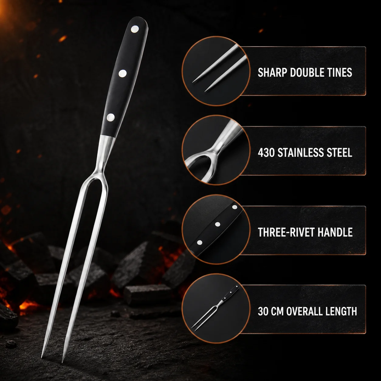 Stainless Steel BBQ Meat Fork 2 Prong Carving Fork with Black or Wooden Handle for Grilling Steak Roast Turkey Kitchen Barbecue