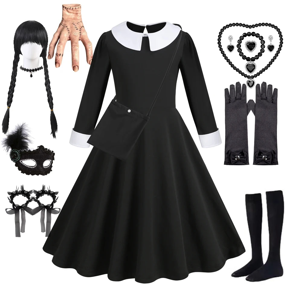 Addams Dress W-Wednesday Costume Girl Dress for Girls Black Dress Halloween