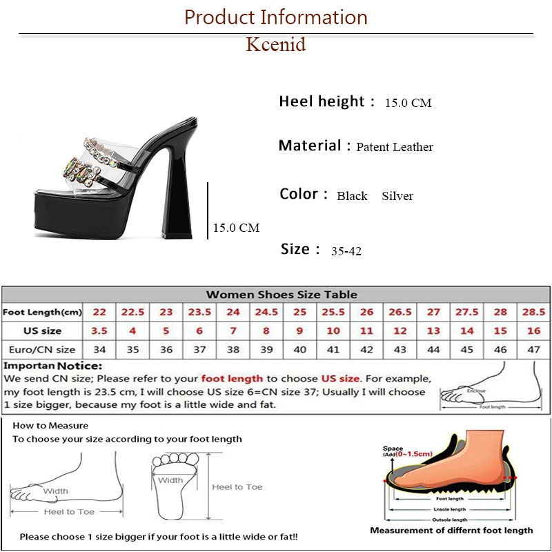 Kcenid Women PVC Transparent Rhinestone Open Toe Slippers Women Square Toe Platform Sandals Thick Heel Slippers High Heel Shoes