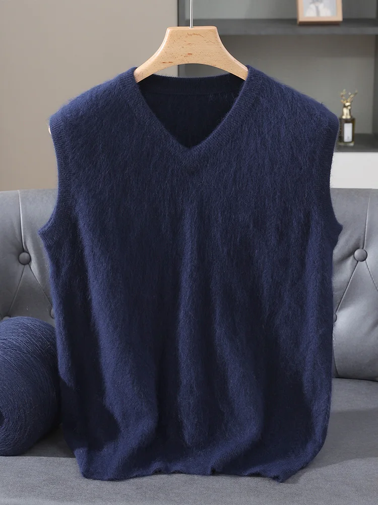 TLOML New Men's 100% Mink Cashmere Vest V-Neck Solid Cable Knit Pullover Casual Soft Autumn Winter Mink Cashmere Sleeveless Tops