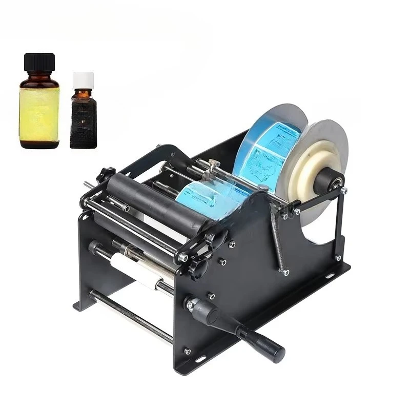 Manual with downward pressure round bottle labeling machine, self-adhesive label packaging machine, transparent