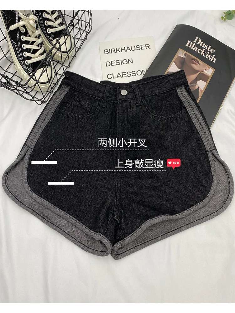 Women Goth Black Denim Shorts High Waist Mini Shorts Y2k Streetwear Korean Vintage Baggy Cowboy Shorts Summer Emo 2000s Clothes