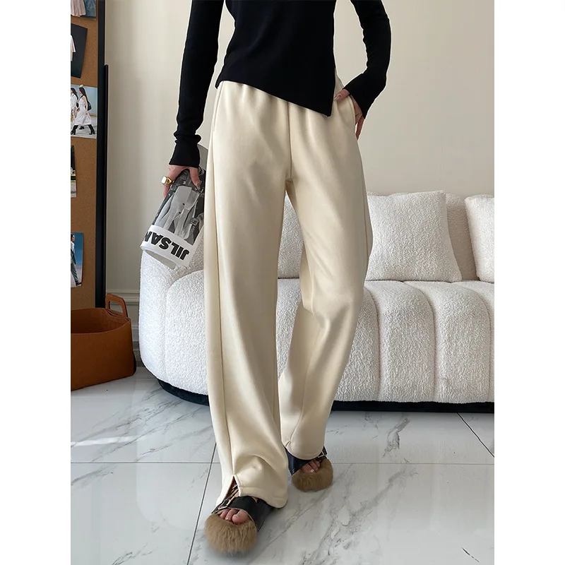 

Elastic Waist Straight Leg Pants With Side Slits Casual Loose Fit Trousers For Women Soft Fabric Comfortable Daily Bottoms 6L1N