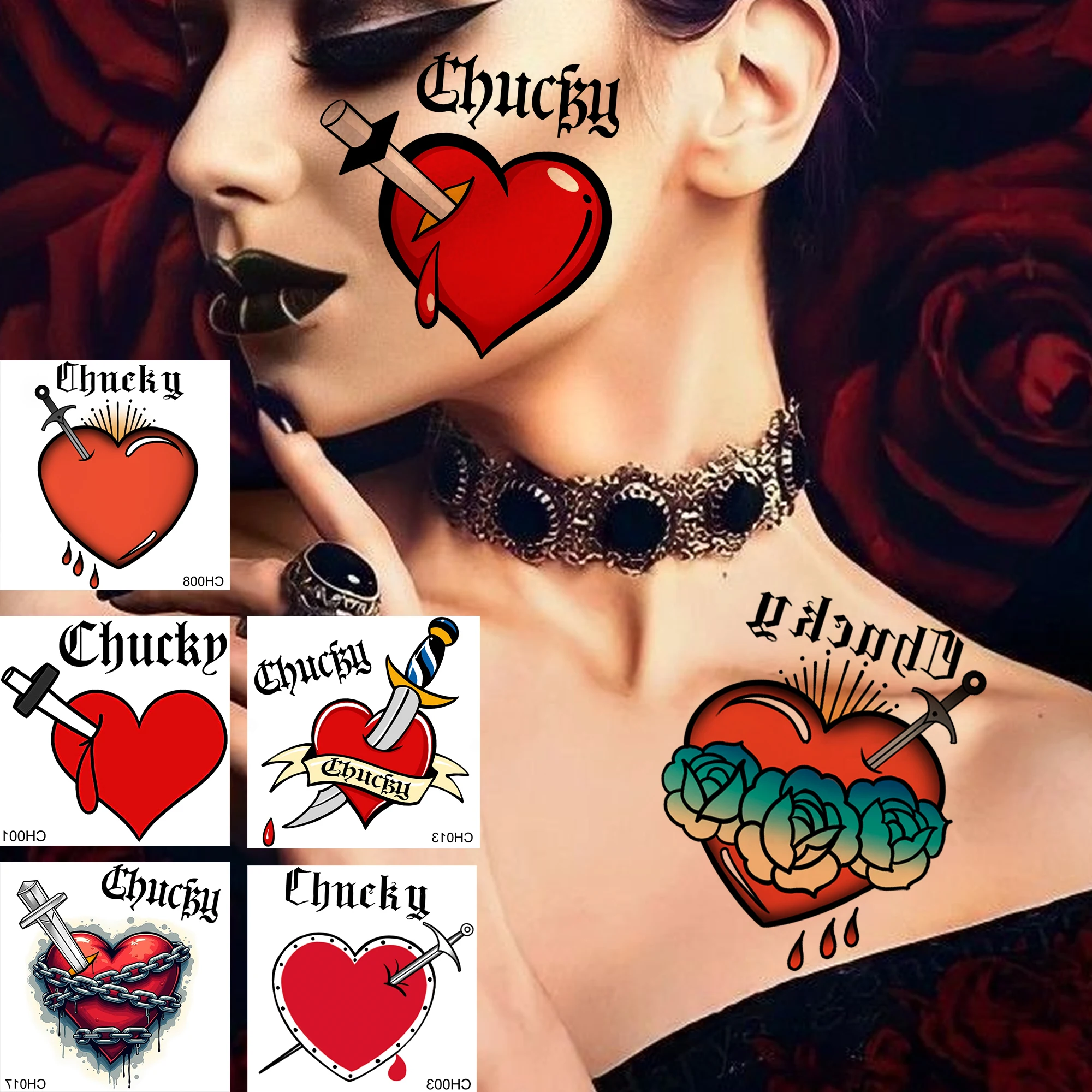 1 Sheet Halloween Realistic Fake Bleeding Impaled Chucky Heart Temporary Tattoo, Waterproof Durable Realistic Fake Tatoo Sticker