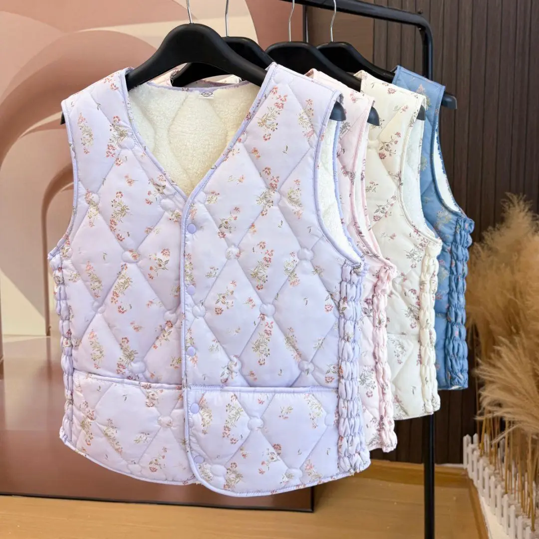 Large Size Keep Warm Winter Down Vest Women Korean Sweet Cute Floral Print Waistcoat Loose Casual Short Sleeveless Jackets