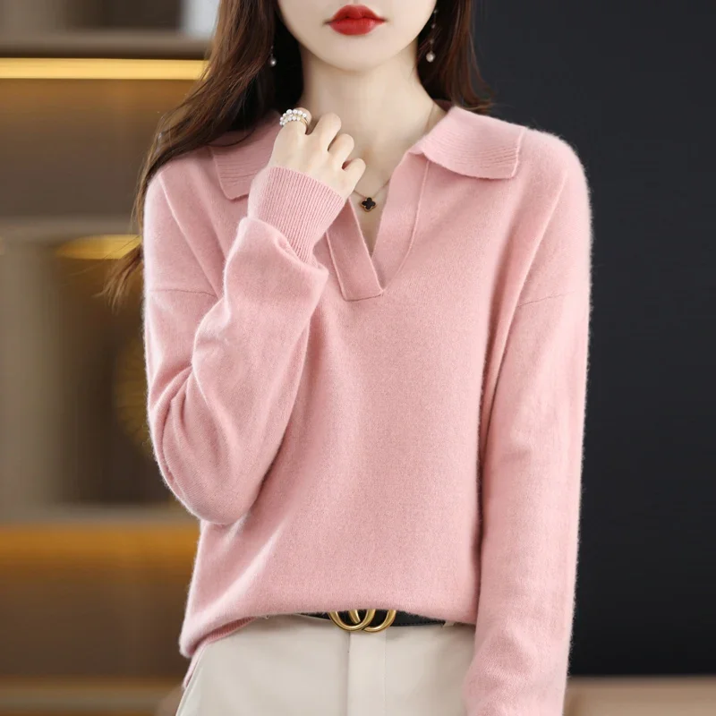 

Autumn Winter New Woman 100% Wool Sweater Soft Polo Collar Pullover Casual Knitted Solid Color Tops Cashmere Female Sweater A460