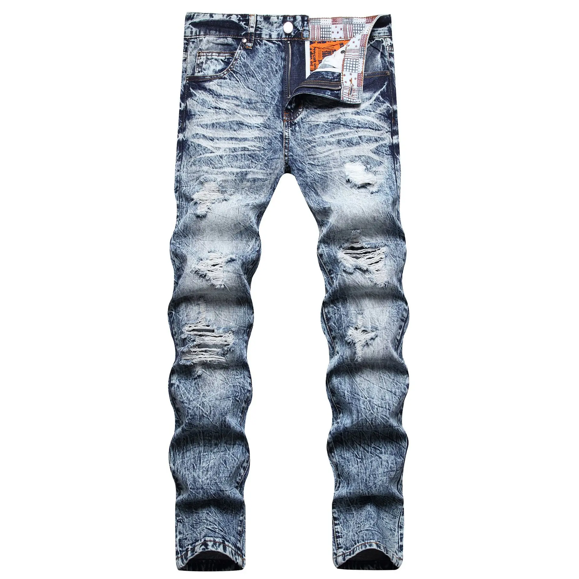 

2022Autumn and winter brand ripped jeans men's Korean version light color trend elastic small feet fashion large slim pants