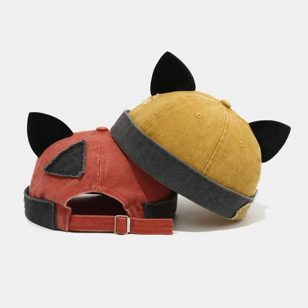 New Fashion Cute Cat Ears Brimless Hat Hip Hop Rolled Cuff Beanie Hat Adjustable Solid Color Retro Skullcap Worker Wear