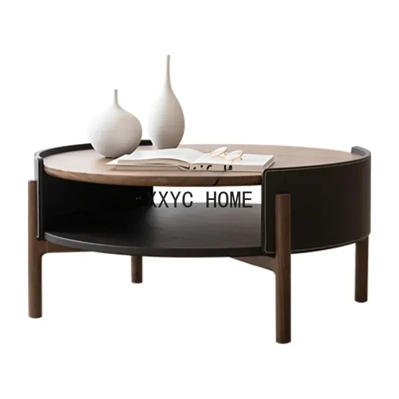 Nordic Style Solid Wood Saddle Leather  Modern Minimalist Furniture Oak Small round Table