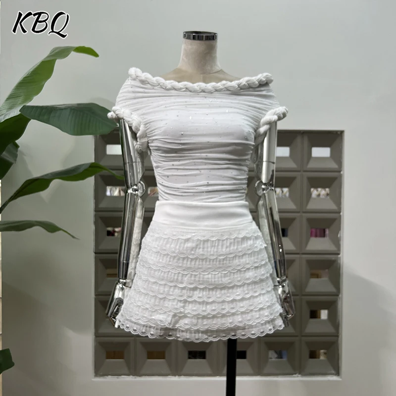 

KBQ однотонные комплекты из двух предметов для женщин, топы с разрезом на шее, короткими рукавами и бриллиантами, кружевные мини-юбки с высокой талией, женский комплект Legant