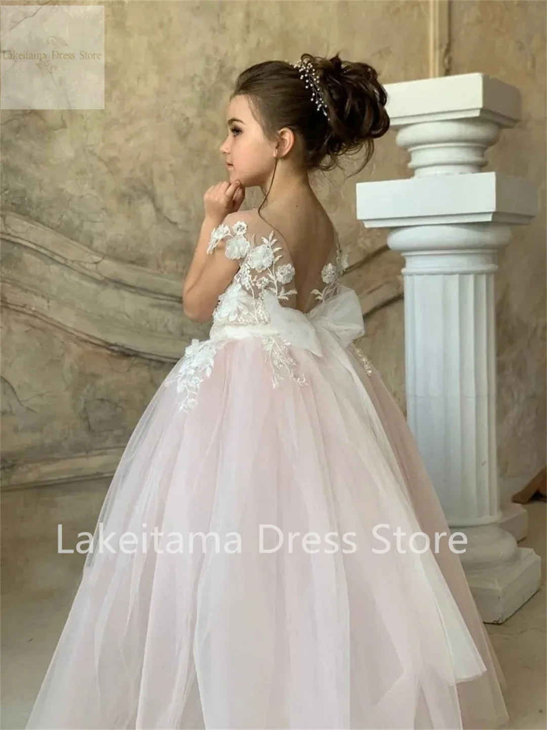 Robe de demoiselle d'honneur en tulle rose, col nude, dentelle de balayage au sol, appliques de fleurs, mariage mignon, mariage, anniversaire, convocation